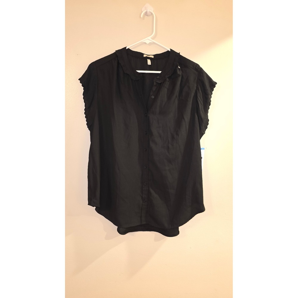 Joie Black Short Sleeve Scallop Edge Button Down Top JE7029 Large NEW
